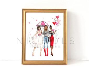May include: Three women walking together, one holding a pink and white striped umbrella, another holding a bunch of pink heart-shaped balloons, and the third wearing a red skirt. The women are all smiling and appear to be friends.