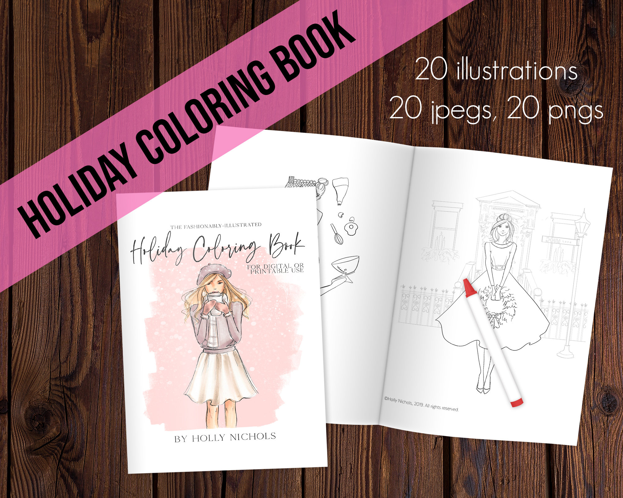 Libro de colorear digital de ilustración de moda navideña – 20 páginas chic para imprimir o usar en Procreate (Adultos)