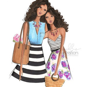 May include: Two women with long brown curly hair are wearing summer outfits. The woman on the left is wearing a light blue sleeveless top with a black and white striped skirt. She is carrying a brown tote bag with pink flowers. The woman on the right is wearing a black and white striped top with a floral skirt. She is carrying a woven basket.