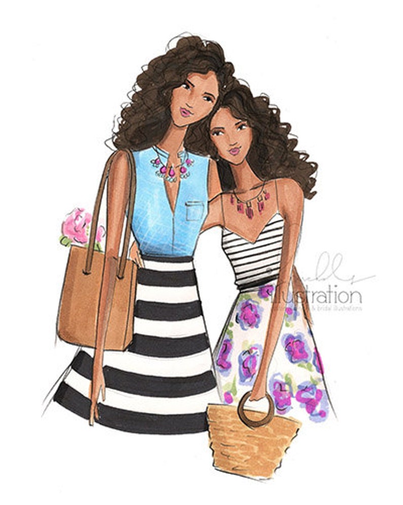 May include: Two women with long brown curly hair are wearing summer outfits. The woman on the left is wearing a light blue sleeveless top with a black and white striped skirt. She is carrying a brown tote bag with pink flowers. The woman on the right is wearing a black and white striped top with a floral skirt. She is carrying a woven basket.