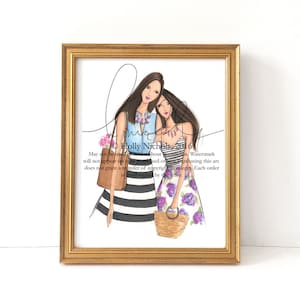 May include: Two women friends are standing together, one wearing a blue and white striped dress with a brown bag and the other wearing a white dress with floral print and a wicker bag. The women are smiling and looking at each other.