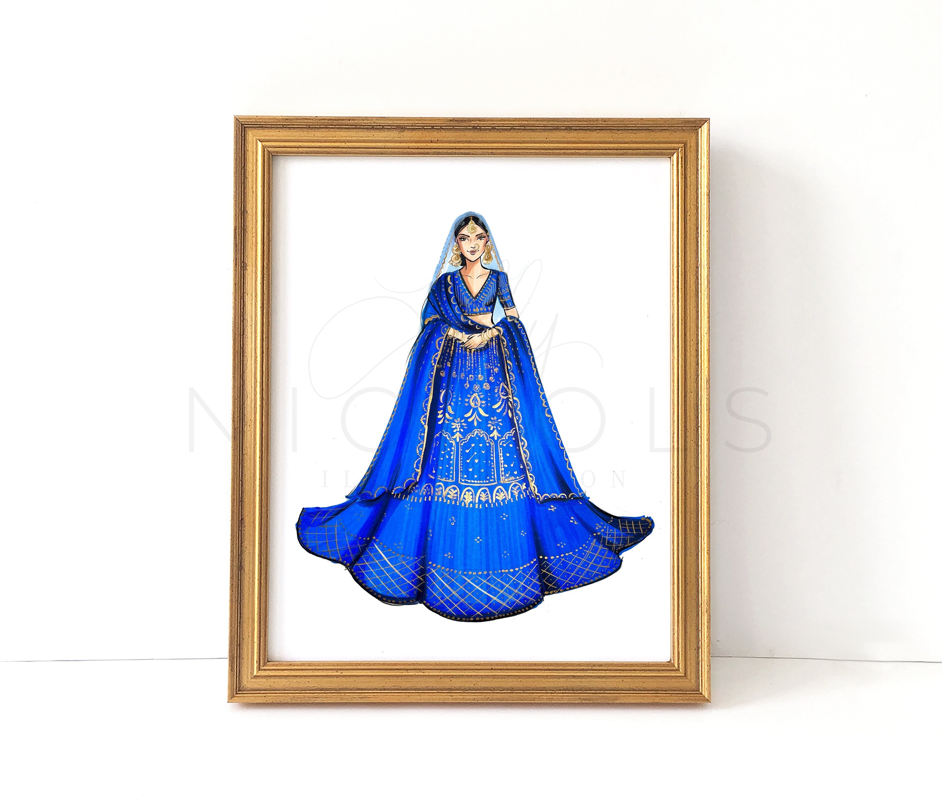 Beauty in Blue (lehenga Choli Fashion Illustration Print)