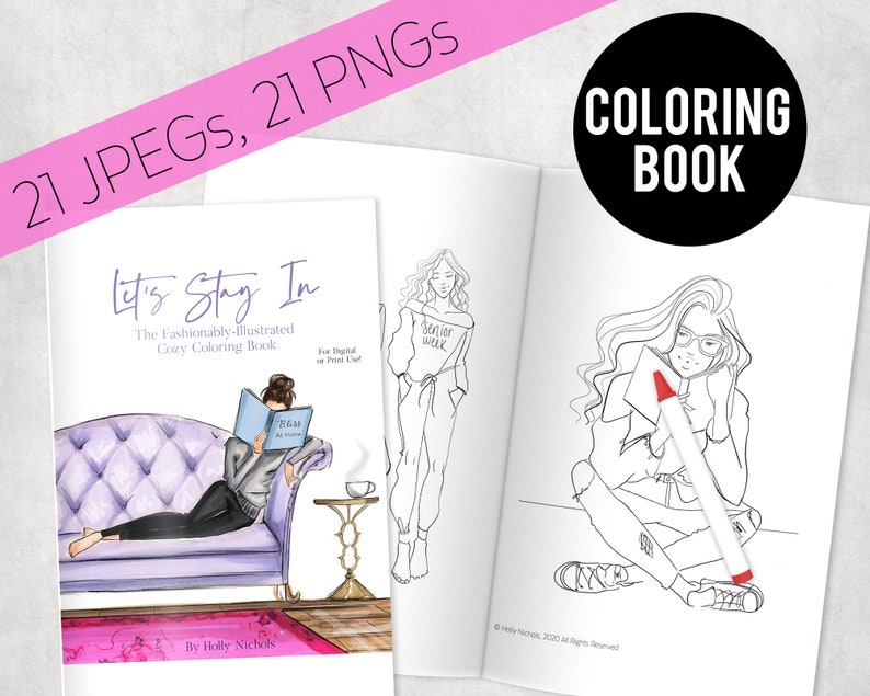 Digital Fashion Illustration Cozy Coloring Book for digital or print use Adult/Kids Coloring Book image 1