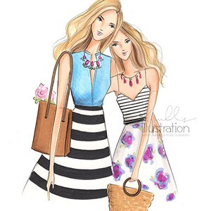 May include: Two women friends are wearing summer dresses and carrying shopping bags. One woman is wearing a blue and white striped skirt and a light blue top with a pink and red beaded necklace. The other woman is wearing a white skirt with a black and white striped top and a floral print. She is carrying a wicker basket.