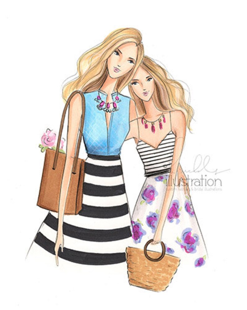 May include: Two women friends are wearing summer dresses and carrying shopping bags. One woman is wearing a blue and white striped skirt and a light blue top with a pink and red beaded necklace. The other woman is wearing a white skirt with a black and white striped top and a floral print. She is carrying a wicker basket.