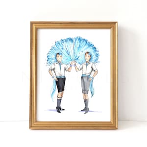 May include: Two figures in white shirts and blue shorts hold a large blue and white feather fan. The figures are wearing blue sashes and are posed in a dance-like position.