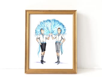 May include: Two figures in white shirts and blue shorts hold a large blue and white feather fan. The figures are wearing blue sashes and are posed in a dance-like position.