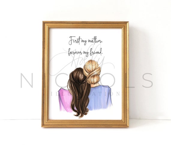 Mother's Day Print Two Figures, Personalize (Choose Your Hair Colors) Fashion Illustration