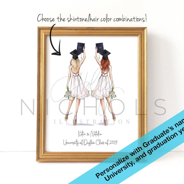 Graduation Girls with Personalization of Name/University/Grad Year, 4x6" Print (Choose The Skin tone/Hair Colors)