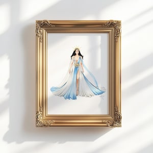 May include: A framed illustration of a figure wearing a flowing white and blue gown with a high leg slit and a gold sunburst headpiece. The artwork is encased in an ornate, rectangular gold-colored frame with intricate carved detailing.