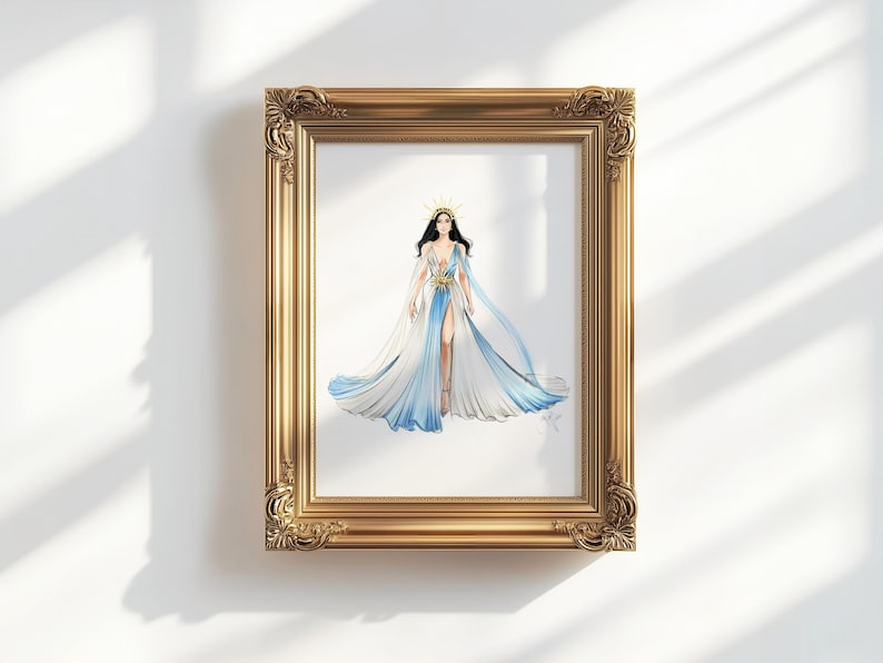 May include: A framed illustration of a figure wearing a flowing white and blue gown with a high leg slit and a gold sunburst headpiece. The artwork is encased in an ornate, rectangular gold-colored frame with intricate carved detailing.
