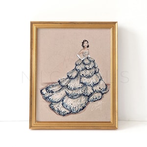 May include: A framed illustration of a woman wearing a strapless gown with a large, layered skirt. The gown is a light beige color with dark blue accents and sequins. The woman has dark hair and is wearing white gloves.