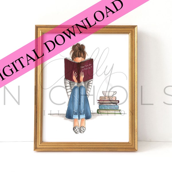 DIGITALE DOWNLOAD De kunst van het binnenblijven, lezen van meisjes (direct afdrukbare mode-illustratie)