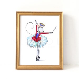 May include: A framed illustration of a mouse dressed as a ballerina. The mouse is wearing a red and white tutu, a blue crown, and holding a sword. The background is white.