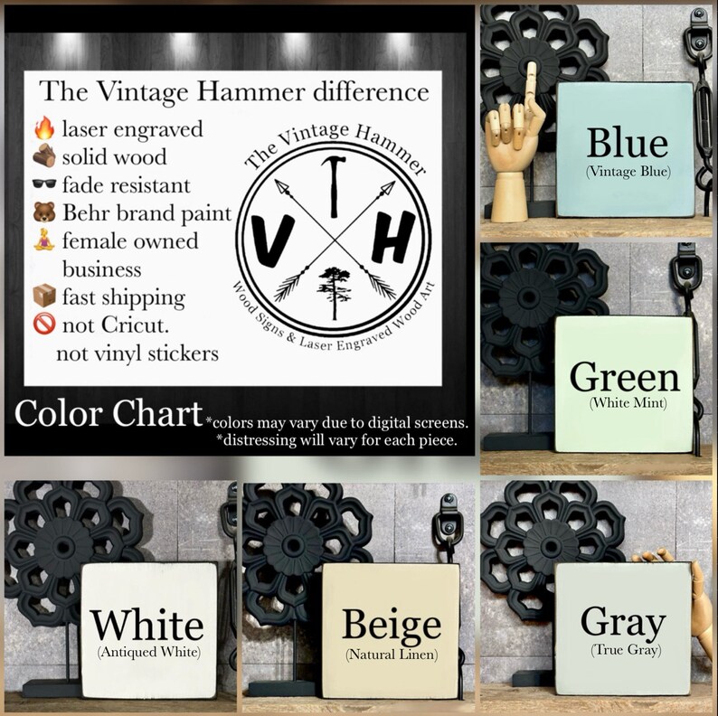 May include: Color chart for The Vintage Hammer wood signs and laser engraved wood art. The chart shows the different colors available for the signs, including blue, green, white, beige, and gray. Each color is displayed on a small wooden sign with a black metal stand.