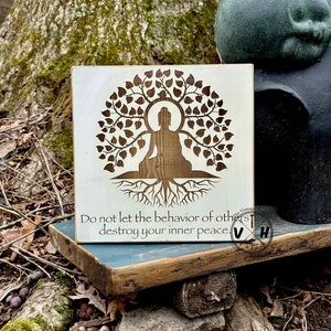 Inner Peace quote engraved on wood Buddha tree of life meditation zen vibes please be mindful yoga home decor personalized encouragement 1