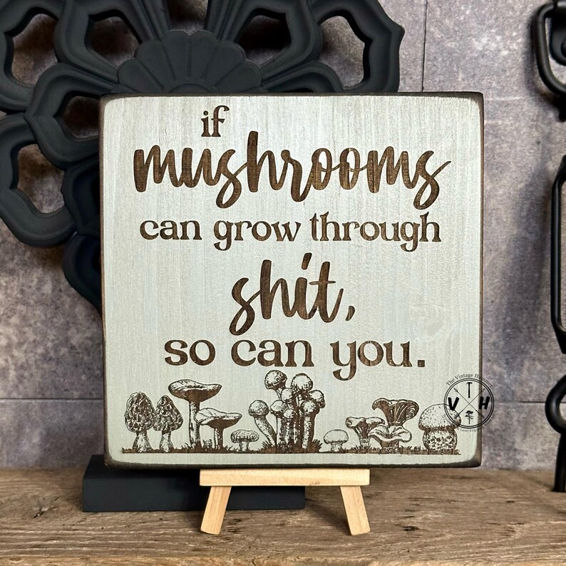 May include: A white wooden sign with the text "if mushrooms can grow through shit, so can you."  The sign is decorated with a row of mushrooms at the bottom and a small wooden easel.