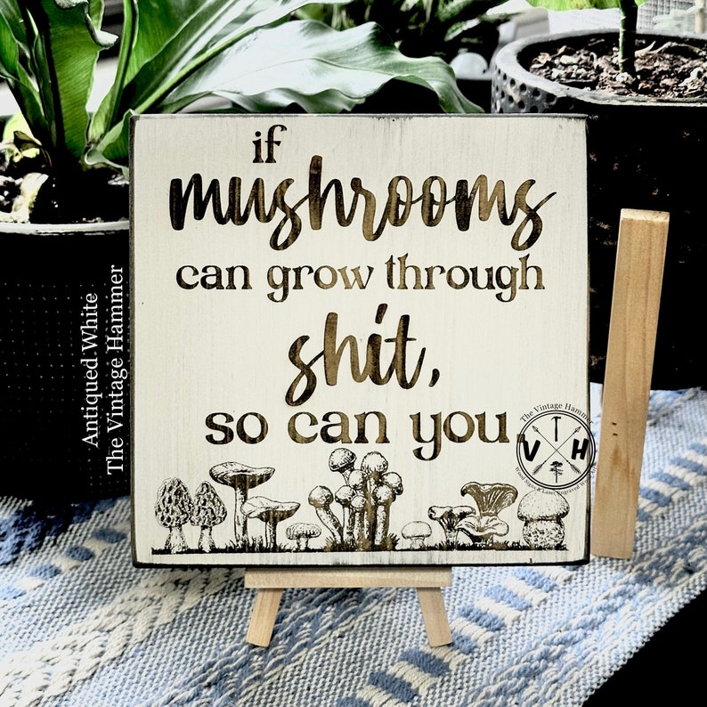 May include: A white wooden sign with the text "if mushrooms can grow through shit, so can you". The sign is decorated with a row of mushrooms at the bottom and a small logo in the bottom right corner.