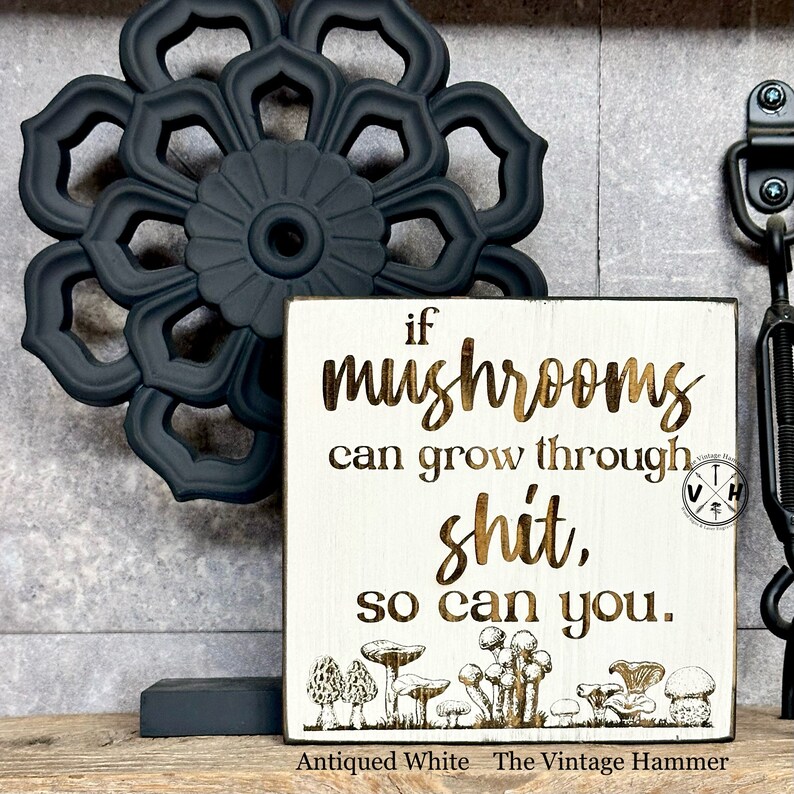 May include: A white wooden sign with the text "if mushrooms can grow through shit, so can you." in gold lettering. The sign is decorated with a row of mushrooms at the bottom and a small logo in the top right corner. The sign is sitting on a black surface.