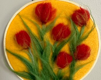 Red tulips wool art, wool painting, hoop art, felted painting, needle felted painting, tulips painting