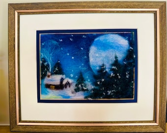 Snowy cabin wool painting, winter felted picture, winter landscape, super moon wool picture