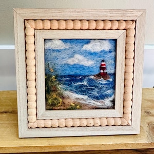 wool felted seascape, lighthouse, felted landscape, wool art, felted picture, beachy art