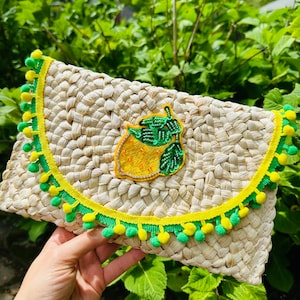 bolso de mano de limón, bolso de paja adornado con limón, bolso de mano adornado de paja, bolso de mano de limón,