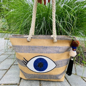 Evil eye bag, large capacity bag, beach bag, sparkly bag, Greek eye bag, embellished bag,