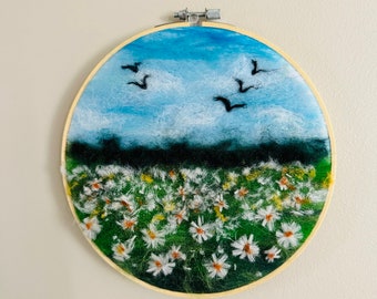 Flower field wool painting, wool art, wool landscape,hoop art, felted painting, felted landscape