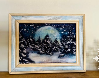 Winter landscape wool painting, super moon, winter pines felted art, wool picture