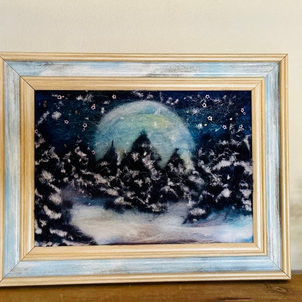 Winter landscape wool painting, super moon, winter pines felted art, wool picture