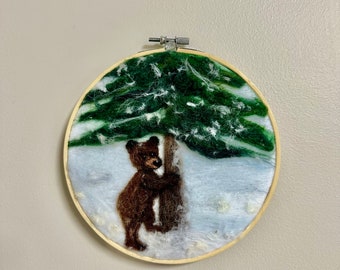 Wool painting, winter wool art, bear art, baby bear, felted painting, felted art, hoop art