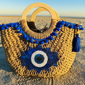 Evil eye embellished bag, Greek eye bag, rattan bag, half moon bag,