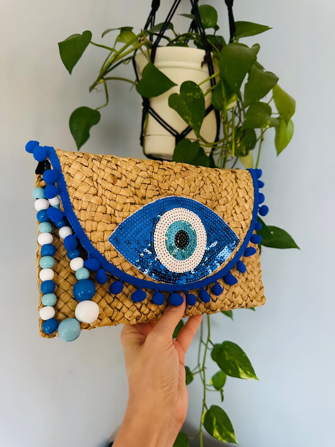 Evil Eye Bag Evil Eye Clutch Greek Eye Bag Straw Clutch Etsy