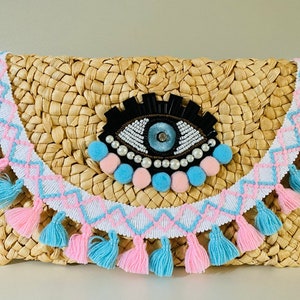 Pink and baby blue evil eye bag, tassel evil eye clutch, Greek eye bag, straw clutch