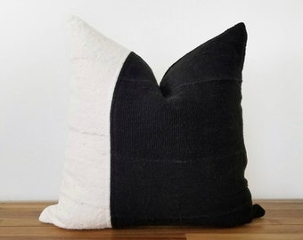 Authentic Mudcloth Pillow, Mali Bogolan, Warm Black, Off-White/Cream, MBLW000