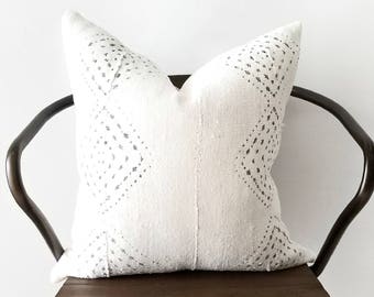 Authentic Mudcloth Pillow, Off-White/Cream, Light Grey / Gray, Diamond, Dots, Geometric