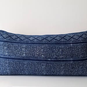 Authentic Hmong Indigo Batik Pillow, Natural Indigo Tribal Batik, 14 x 26 image 2