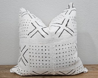 CLEARANCE - Authentic Mudcloth Pillow, Vintage Mali Bogolan, Off-White/Cream, Gray/Grey, Cross, Dots - CLEARANCE