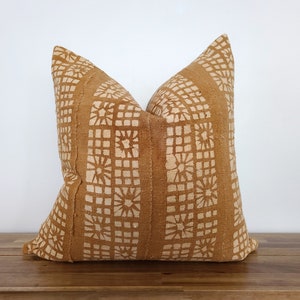 CLEARANCE - Authentic Mudcloth Pillow Cover, Rust, Caramel, Earth Tone, with Light Beige, Squares & Flowers - CLEARANCE