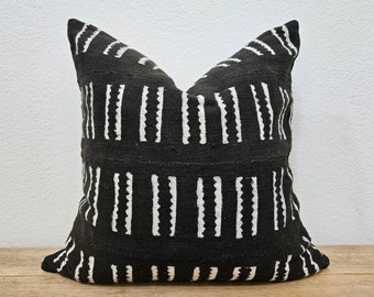 Authentic Mudcloth Pillow, Warm Black Ground with Cream/Beige/Tan Small Double Lines