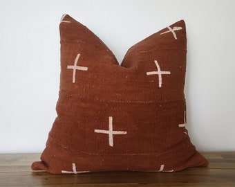 Authentic Mudcloth Pillow, Malian Bogolanfini, Rust, Burnt Sienna, Brown, Plus, Cross MBR016