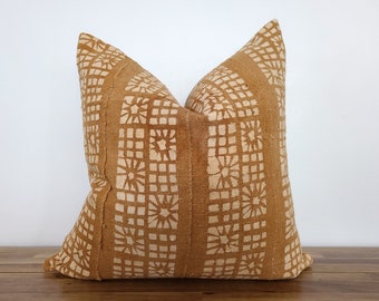 CLEARANCE - Authentic Mudcloth Pillow Cover, Rust, Caramel, Earth Tone, with Light Beige, Squares & Flowers - CLEARANCE