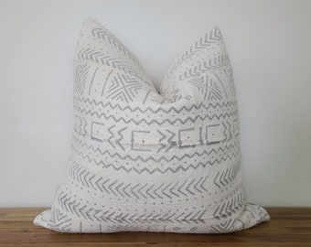 Authentic Mudcloth Pillow, Mali Bogolan, Off-White/Cream, Gray/Grey, Multi-Design