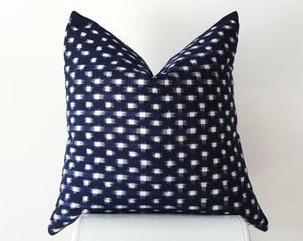 Indigo Kasuri Ikat Pillow Cover- Handloomed Indigo, Navy, Blue and White Small Windswept Checks / Dots, I001