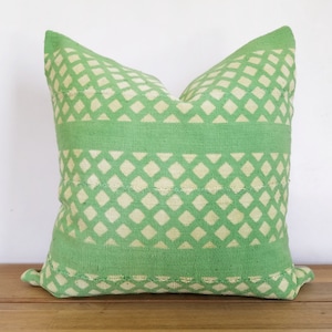 CLEARANCE - Authentic Green Mudcloth Pillow Cover, Light Green, Light Yellow/Cream Diamonds - CLEARANCE