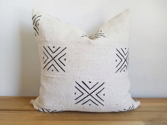 Authentic Mudcloth Pillow Vintage Mali Bogolan White Cream Black Cross X Lines Dots Geometric Etsy