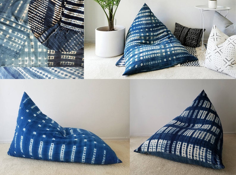 Vintage Indigo Shibori Mudcloth Boho Lounger\u00ae, Indigo Mudcloth Pouf, Boho Pouf, Shibori, Resist-dyed, Tie-dyed, Vintage Indigo, Blue, White