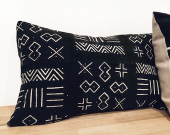 Authentic Mudcloth Pillow, Mali Bogolan, Black, Off-White, Multi-Pattern, Multi-Symbol