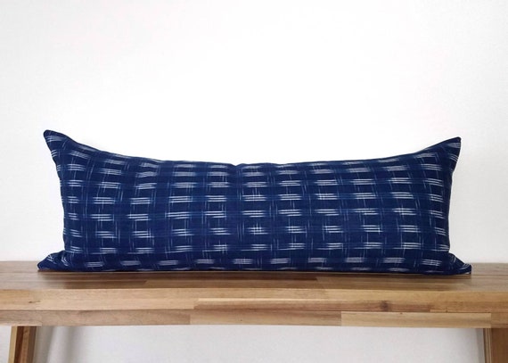 Handwoven Lumbar Pillow Cover, Ikat, Indigo, Blue, White, 13” X 35